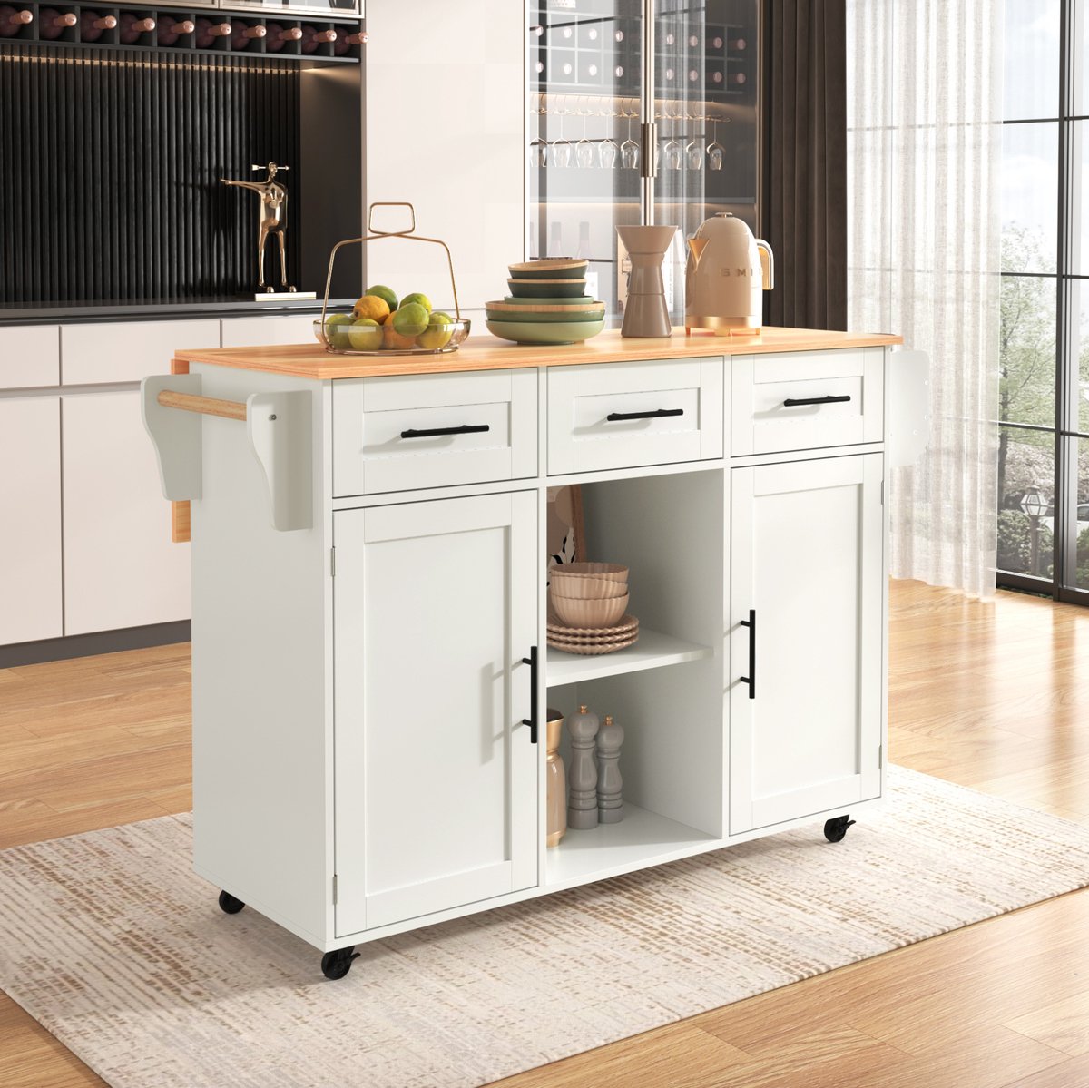 DESMIU Keukenkast - Keukenwagen Met Opklapbaar Werkblad En Opbergruimte - Voor Keuken En Eetkamer - Wit - 139x46x91,5 Cm