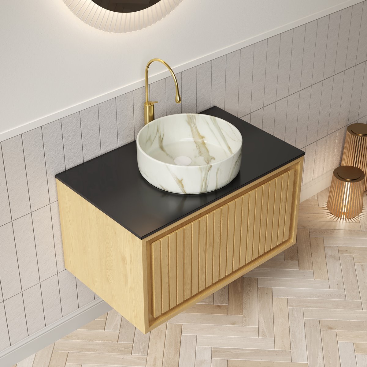 FloraGrace Badkamermeubel - Hangend Meubel Met Keramische Opbouwkom En Zachtsluitende Lade - Voor Moderne Badkamers - Zwart Eikenlook - 76x48x41,1 Cm