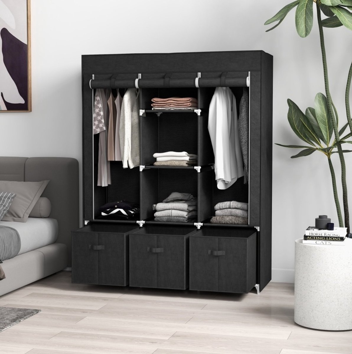 MIVRAY Kledingkast - Opvouwbare Stoffen Kast Met 3 Lades En 2 Kledingroedes - Voor Slaapkamer Of Berging - Zwart - 125x43x162,5 Cm