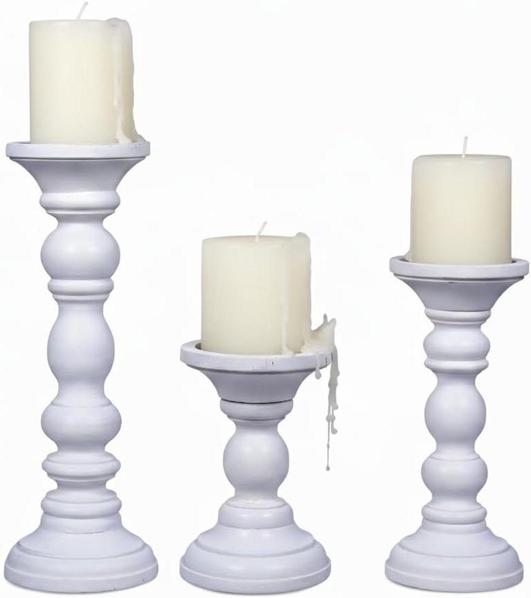 Houten Kandelaars Set - Decoratieve Kaarshouders - Sfeervolle Decoratie - Handgesneden Mangohout - 3 Maten - Wit Mat