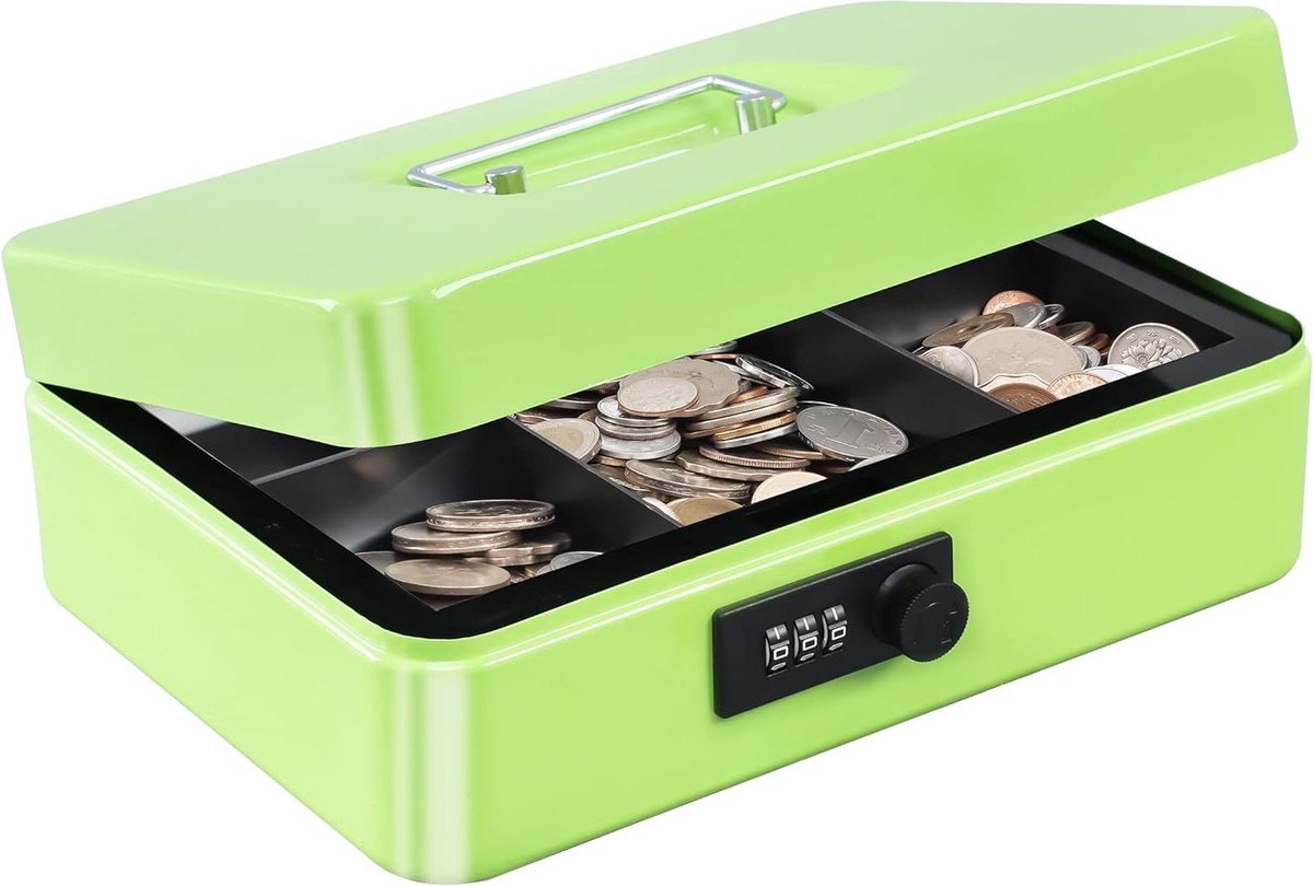 Geldkist met slot - Bewaarbox Kassa - Veilig Geld Bewaren - Combinatieslot - 25 cm - Limegroen