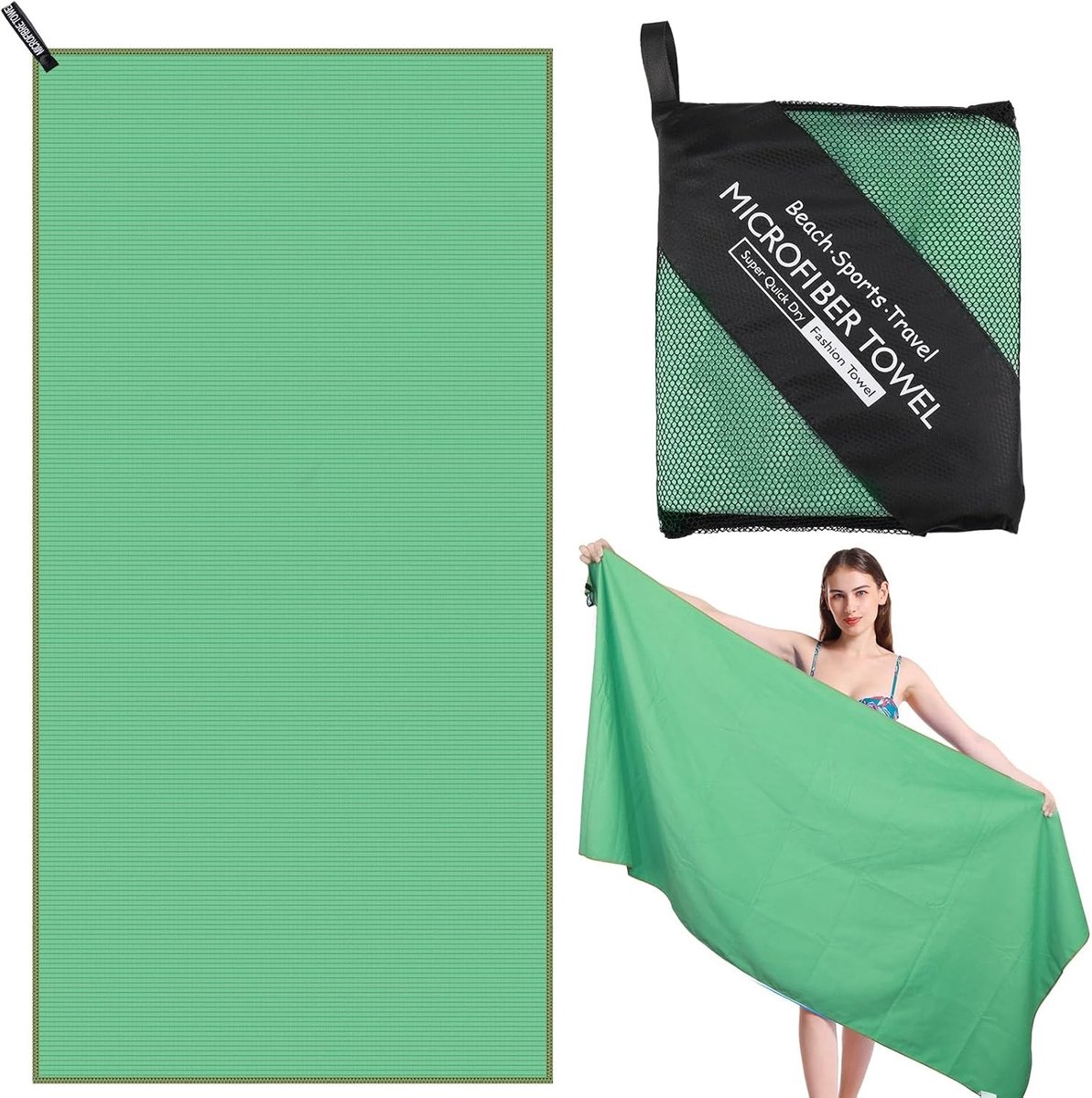 Microfiber Strandhanddoek voor Volwassenen, 180x80cm, Sneldrogend Sporthanddoek met Mesh Tas, Lichtgewicht Reishanddoek voor Zwemmen, Yoga en Kamperen (Groen)