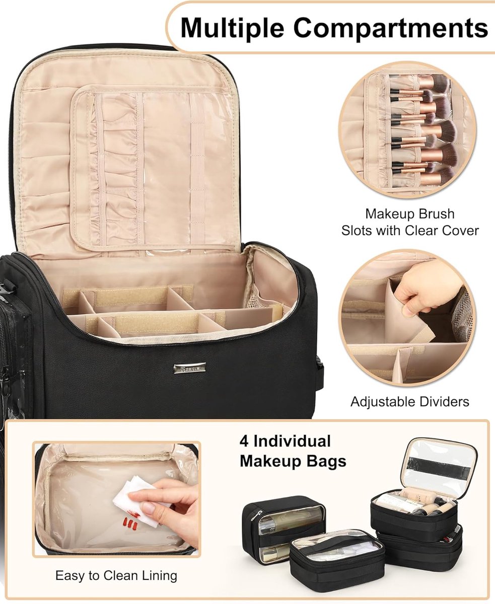 Thijox - Rollende Make-upkoffer met Wielen, Professionele Cosmeticakoffer met 4 Transparante Tassen, Verstelbare Scheidingswanden, 360° Draaibaar, Mak