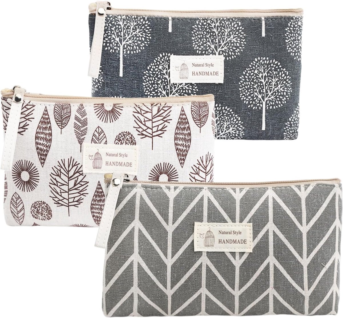 Thijox - 3 Stuks Canvas Make-uptas, Kleine Multifunctionele Tas voor Cosmetica, Schrijfwaren en Kleingeld - Tijdloze Ontwerpen met Bomen, Pijlen en Bl