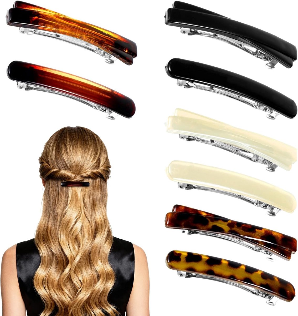Thijox - 8 Stuks Franse Haarspelden voor Dames - Automatische Haarclips voor Dun Haar - Vintage Haaraccessoires in Wit, Zwart, Leopard Print en Amber