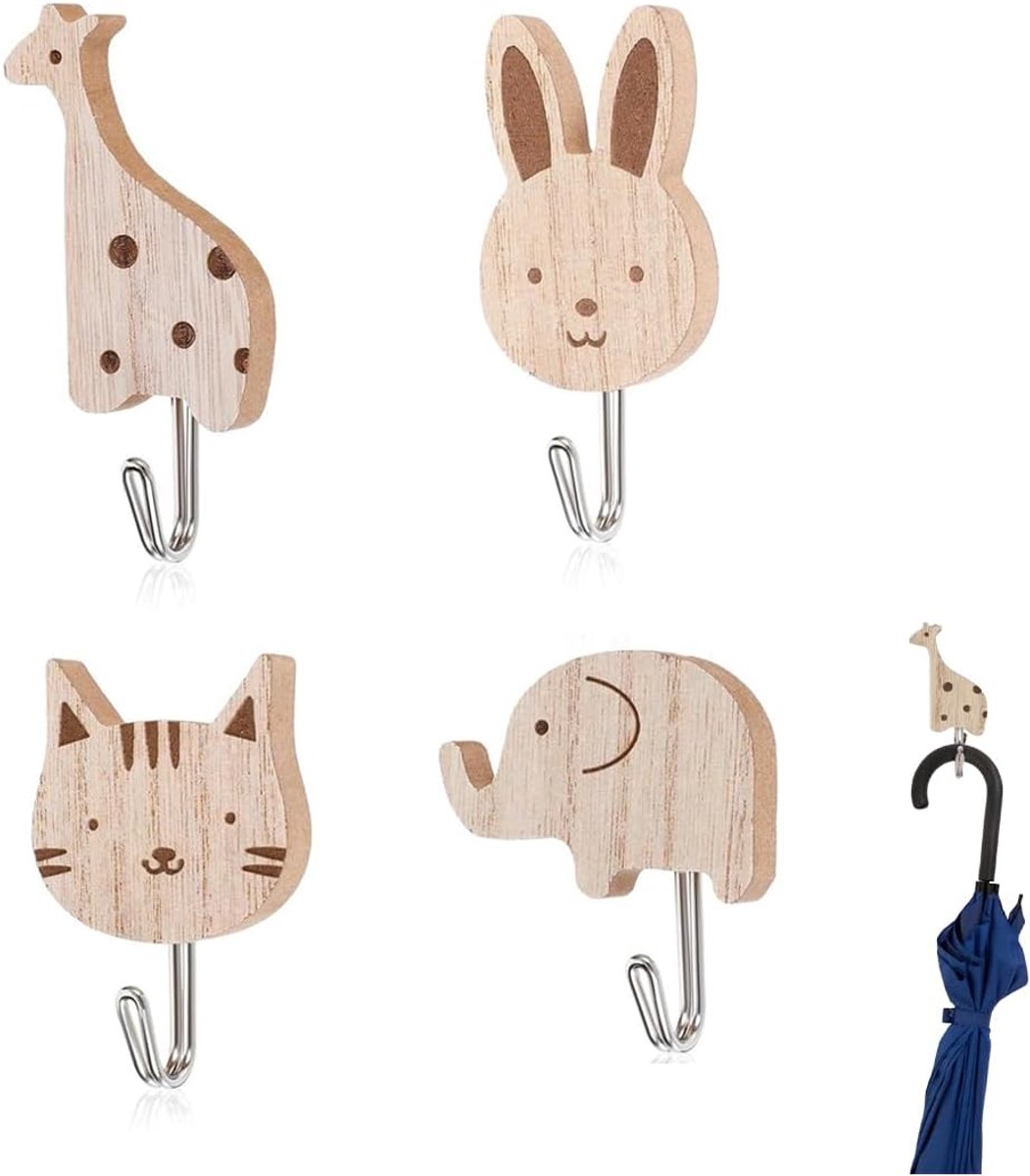 Wandhaken set van 4 - Houten dierenmotief - Cartoonstijl - Perfect voor kinderkamers - ShopVlot