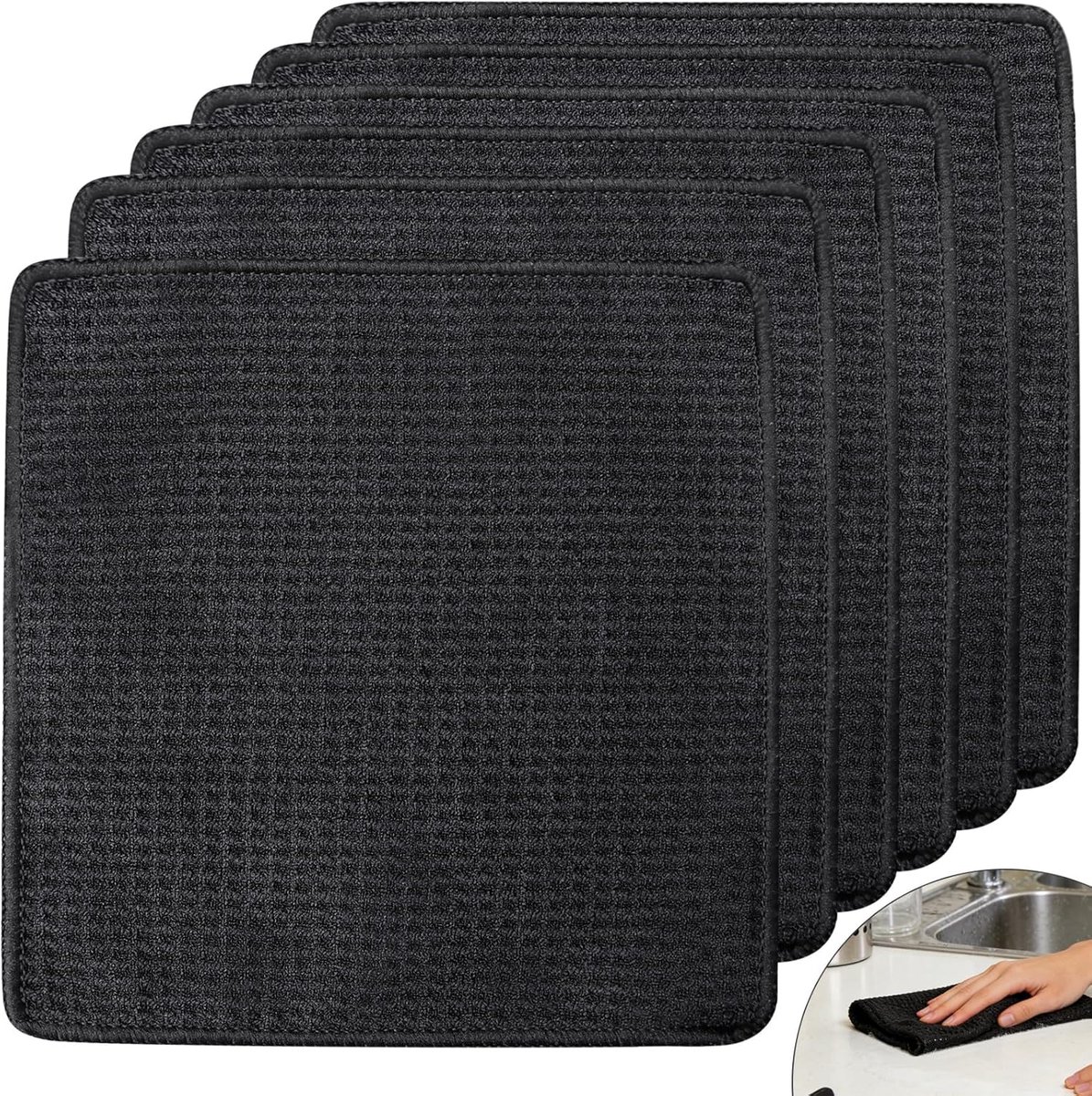 Thijox - Set van 6 zwarte microvezel theedoeken 20x20 cm | Absorberend, pluisvrij, wafelstructuur | Ideaal voor keuken, horeca en koffiemachines
