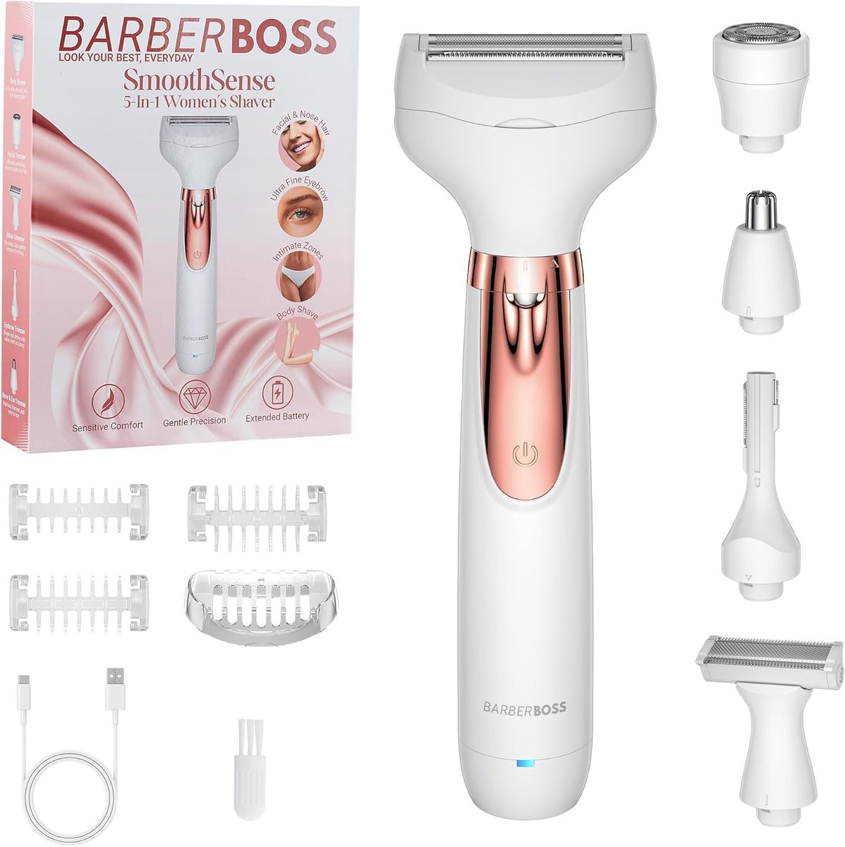 SnelShoppen - 5-in-1 Draadloze Elektrische Scheerapparaat voor Vrouwen - Oplaadbare Haarverwijderingskit voor Lichaam, Bikinilijn, Gezicht, Neus en We