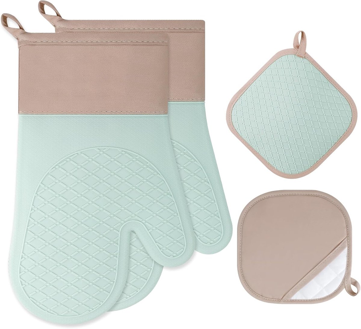 Thijox - Set van 4 Siliconen Ovenwanten en Pannenlappen - Duurzame Keukenhandschoenen voor Braden, Bakken, Grillen - Lichtgroen, Perfect voor Koken en