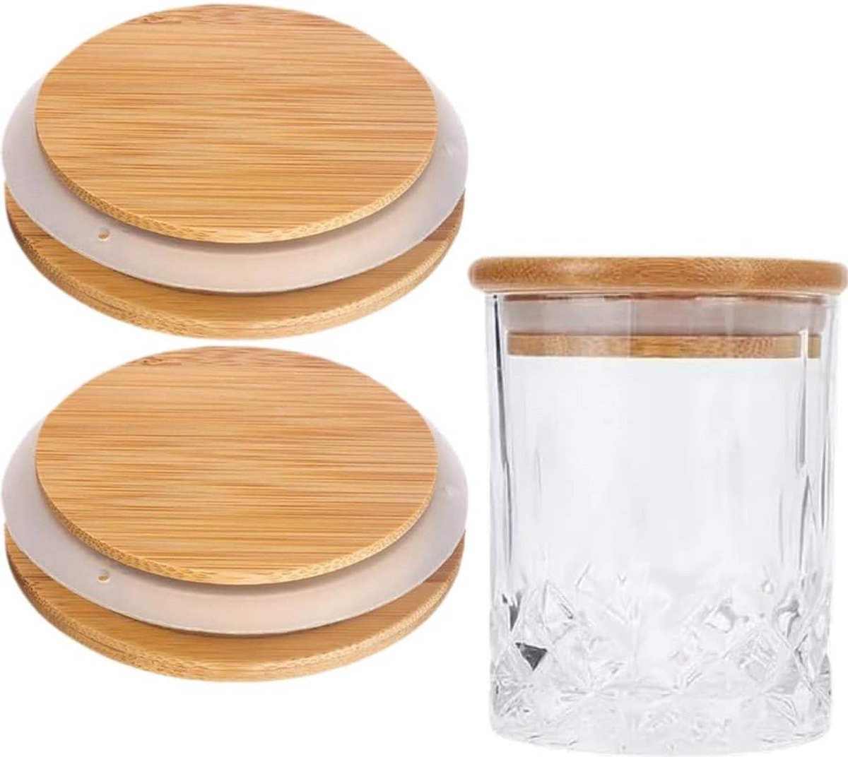 Thijox - 2 Stuks Bamboedeksels voor Voorraadpotten met Luchtdichte Glazen Deksel - Duurzame Keukenaccessoires 10x10x2,5 cm - Ideaal voor Opslag van Vo