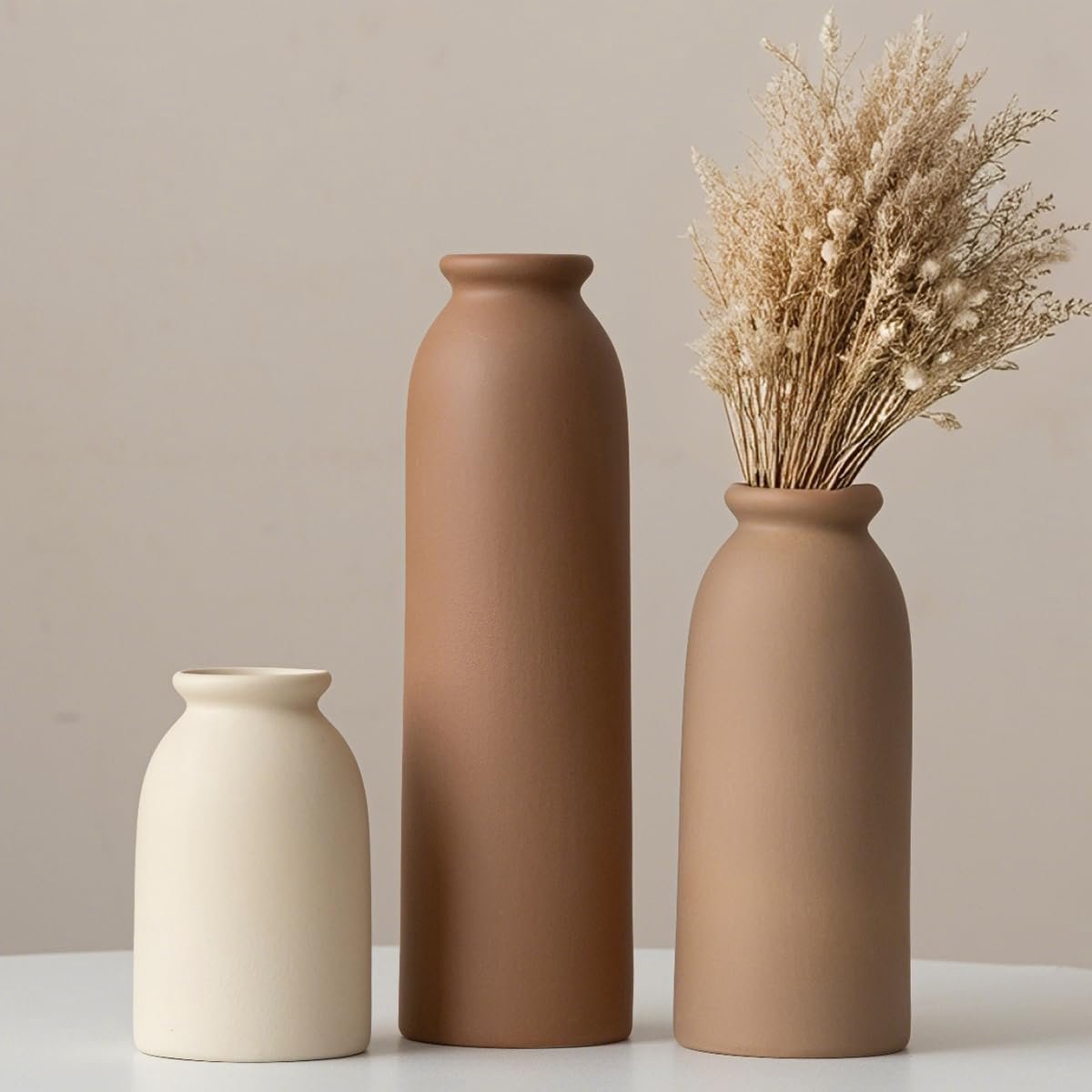 SnelShoppen - Set van 3 Keramische Vazen Aardekleur - Kleine Bloemenvazen voor Pampasgras en Gedroogde Bloemen - Moderne Rustieke Boerderijdecoratie v
