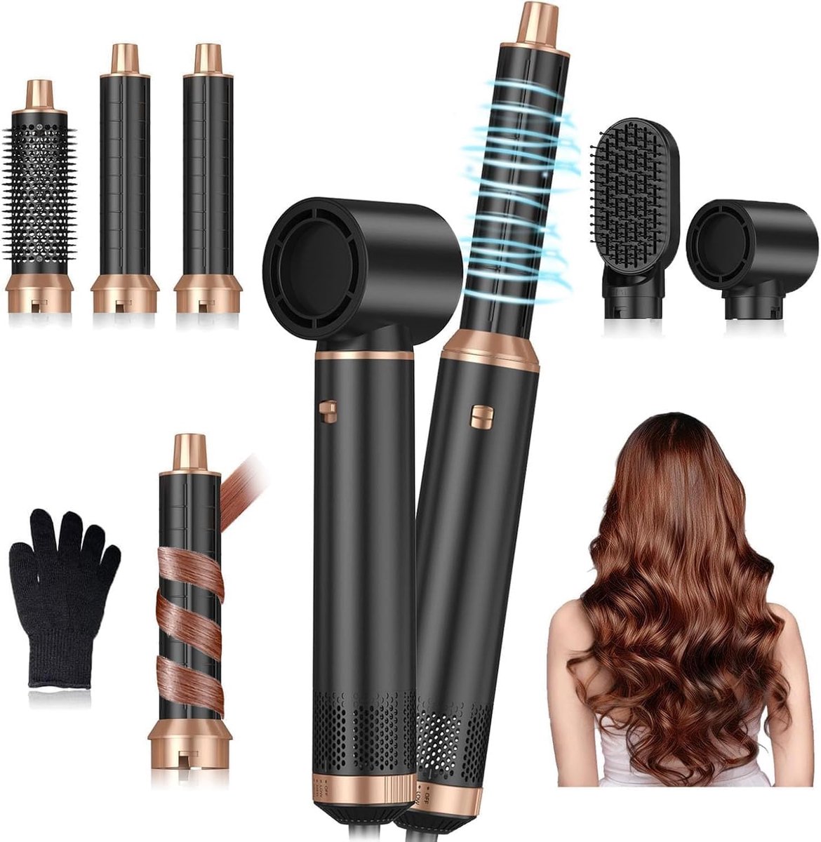 SnelShoppen - 5-in-1 Multifunctionele Haarföhn met Warme Luchtborstel, Automatische Krultang, Föhn, Zwart - Voor Perfecte Haarstyling Thuis, Feest of