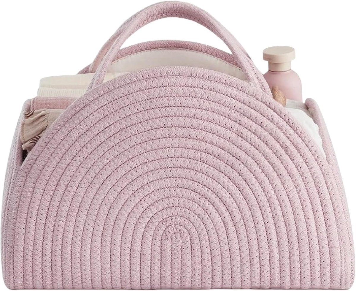 SnelShoppen - Luiertas Organizer - Babyluier Caddy Mand - Draagbare Opbergmand voor Luiertafel - Wikkelmand met Vakken en Handgrepen - Katoenen Touwma