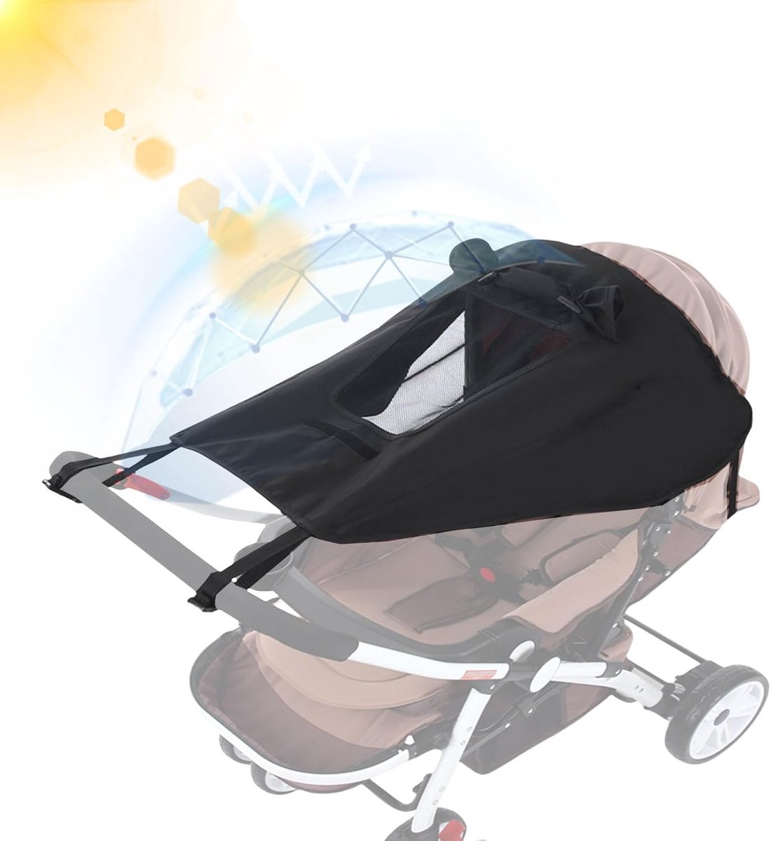 Thijox - Universele parasol voor kinderwagen met UV-bescherming 50+, waterdicht, verstelbaar met ramen en kleppen, zwart, perfect voor kinderen en ond
