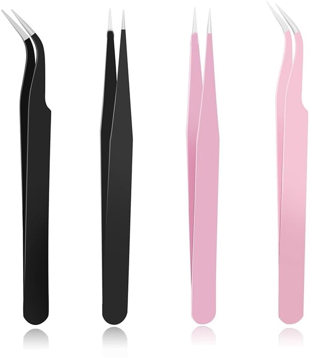 Dailygoods- Wimperpincet Set - 4 Stuks - Roestvrij Stalen Pincetten - Rechte/Gebogen Punten - Antistatisch - Voor Wimperverlenging - Pincetset