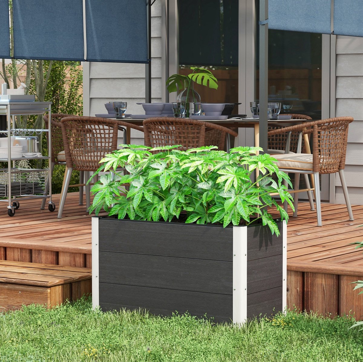 MEUNIQ Moestuinbak 100 x 50 x 55,5 cm zonder bodem, rechthoekige plantenbak van WPC en aluminium voor balkon, terras, tuin of binnenplaats, grijs