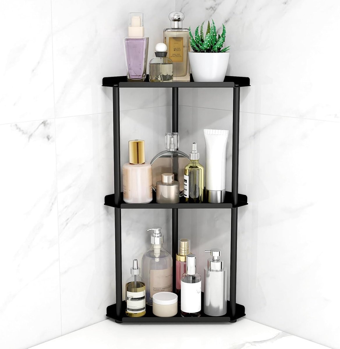 Thijox - 3-laags Badkamer Hoek Organizer 50x15x27 cm - Hoek Opbergrek voor Huidverzorgingsproducten en Make-up - Metalen Opbergbakken - Mat Zwart