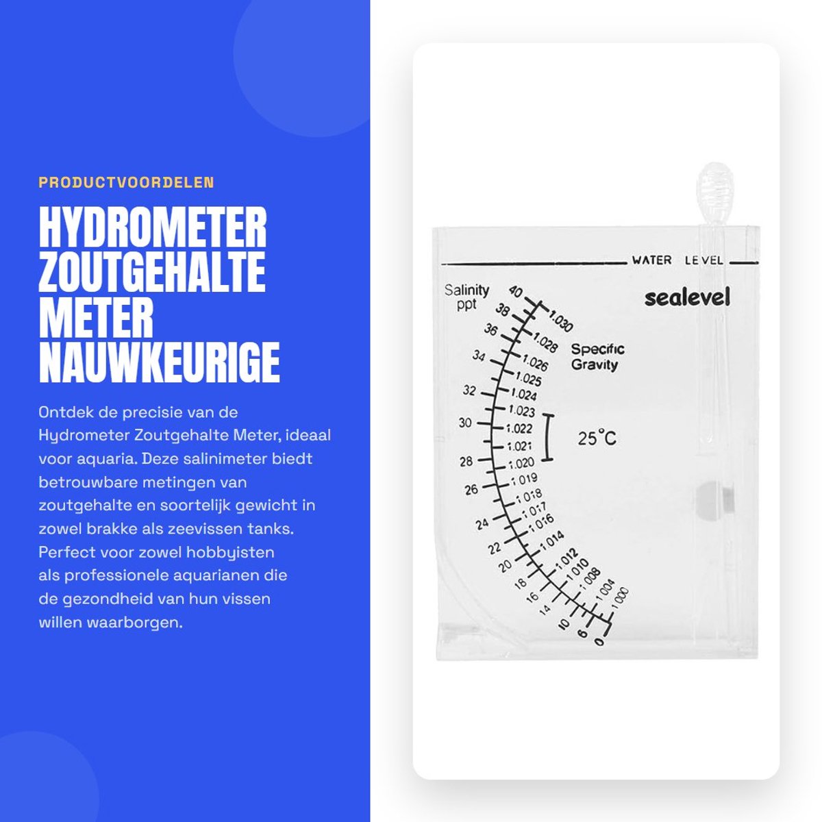 Dailygoods- Hydrometer Zoutgehalte Meter - Salinimeter Aquarium - Nauwkeurige Vochtmeter - Duurzaam - Eenvoudig Afleesbaar - Geschikt voor Zeeaquaria