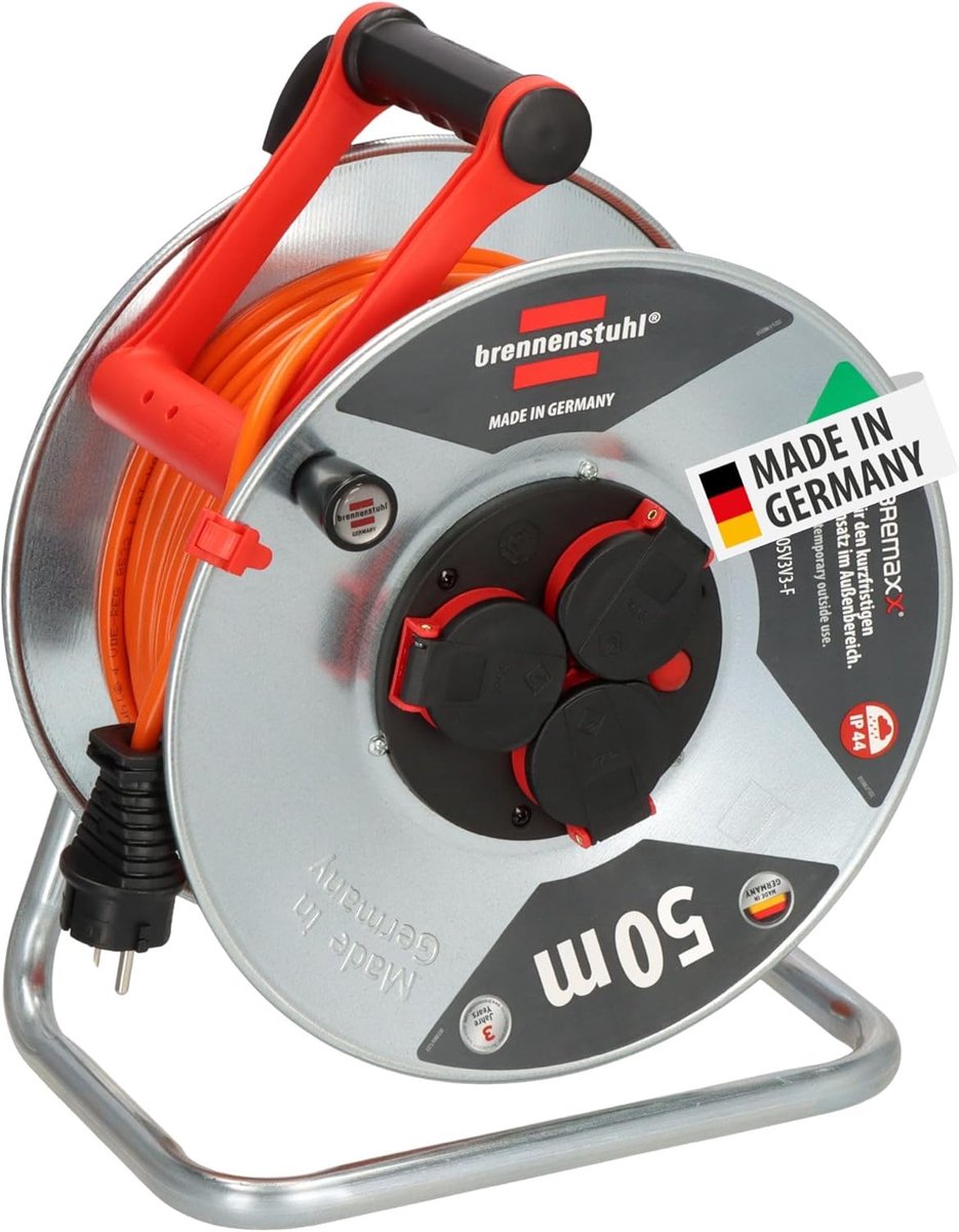 SnelShoppen - Kabelhaspel 50m Buiten IP44 - Robuuste Haspel met Oververhittingsbeveiliging, Signaalkleur Oranje, Ideaal voor Tuin, Camping, Feesten, K