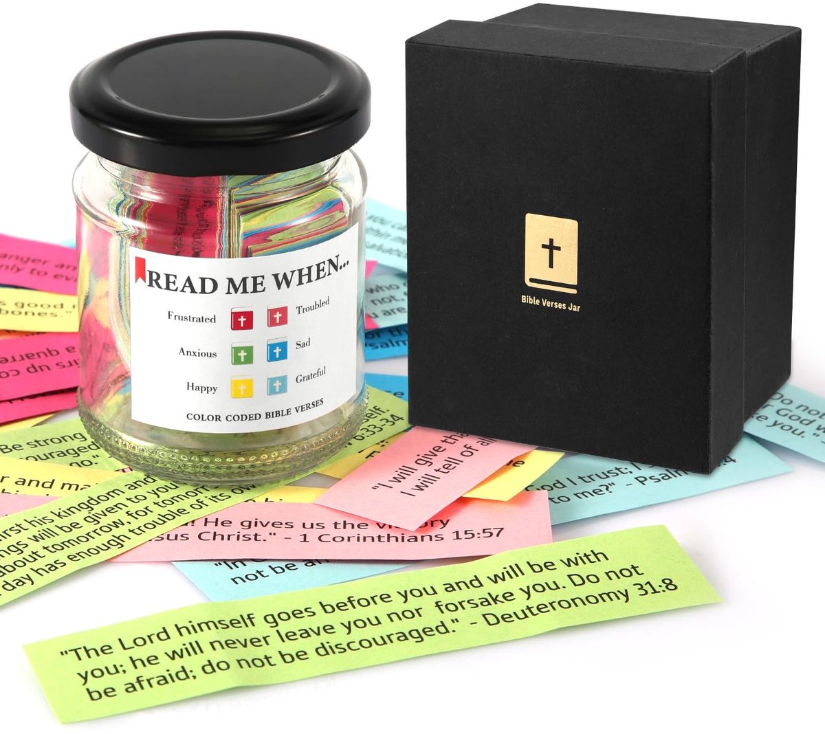 Dailygoods- Bijbelverzenpot 7,8x5,8cm - 90 Kleurrijke Bijbelkaarten - Geschenkdoos - Christelijke Geschenken voor Vrouwen - Emoties en Gevoelens - Glas/Papier - Gebedspot