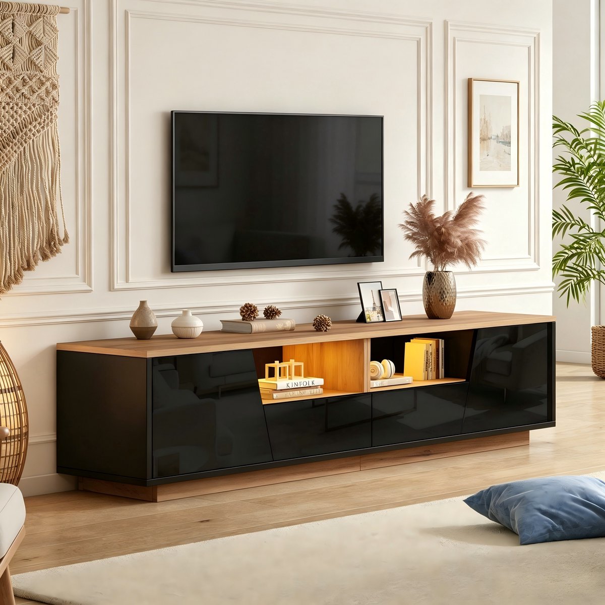 KOMHTOM TV-meubel met LED-verlichting - Zwart en Houtkleurig - Hoogglans Lowboard - 2 Lades en 2 Deuren - 180x40x46 cm - Geschikt voor TV's tot 75 Inch - Modern Design - Woonkamer Meubel