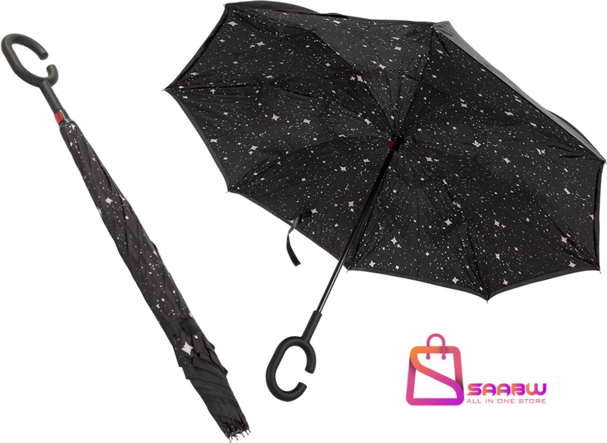 Opvouwbare Omgekeerde Paraplu - Sterrenprint - Inverted Umbrella - Windbestendig - Zelfstaand - Dubbele Laag - C-Handvat - Zwart - paraplu opvouwbaar - paraplu kind - 58047