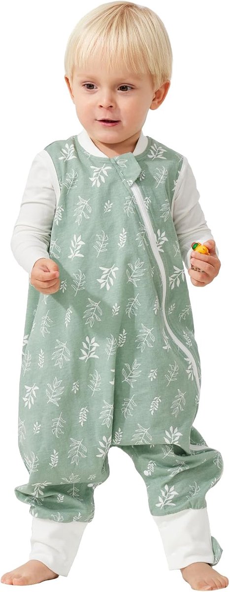 Thijox - Babyslaapzak met voeten 1,0 TOG voor kinderen, 100% katoen, groene bladprint, 75 cm, ideaal voor het hele jaar door, comfortabele jongensslaa