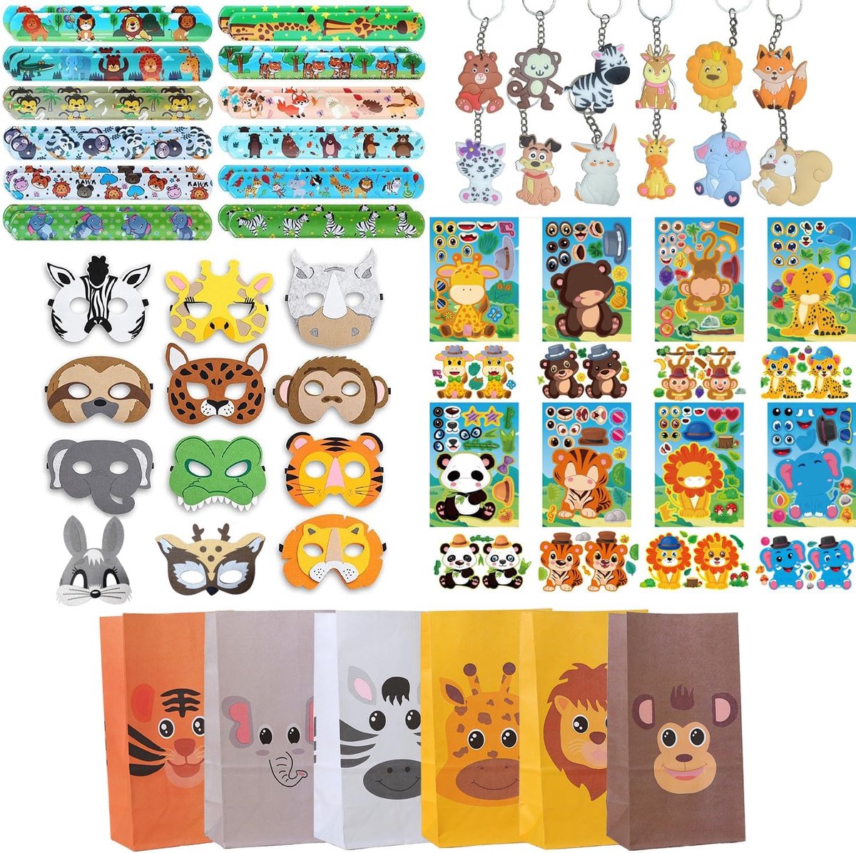 Thijox - 60 Stuks Cadeautjes voor Kinderverjaardag, Jungle Gastgeschenken, Dierenmaskers, Sleutelhangers, Siliconen Ringen, Klikarmbanden & Cadeauzakj