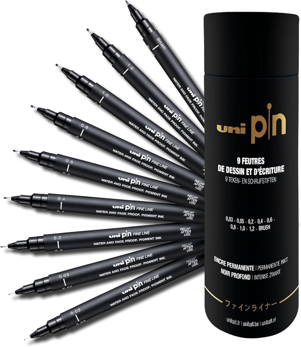 Thijox - Fineliner Set 12 Stuks - uni-ball PIN Black Felt Tip Pen - Water- en Vervagingsbestendige Inkt - Perfect voor Schetsen, Scrapbooking, Journal