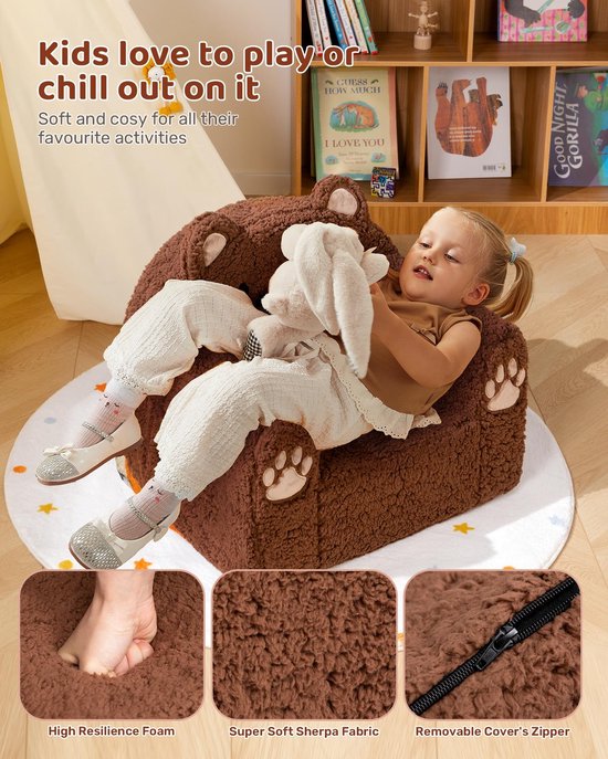 Dailygoods- Peuterstoel Ultra-Zacht - Schattig Berendesign - Veiligheidsarmsteunen - Duurzame Sherpa-Stof - Comfortabel Zitgevoel - Dikke Schuimvulling - Kindersofa van Dailygoods — afbeelding 4