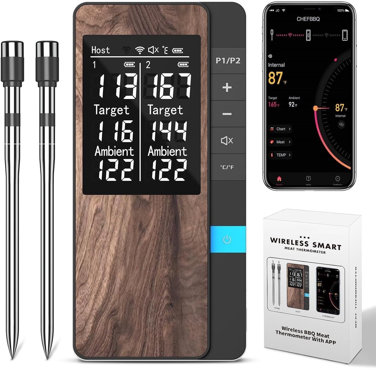 SnelShoppen - Draadloze Vleesthermometer voor BBQ, Oven en Smoker - Bluetooth Barbecuethermometer met Dubbele Sonde, IP67 Waterdicht, Perfect voor Tui