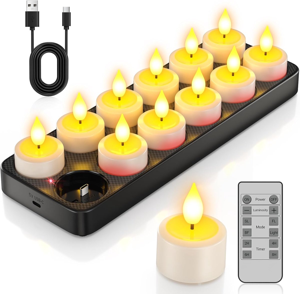 Thijox - 12 Oplaadbare LED Theelichtjes met Laadstation en Timer, Flikkerende Kaarsen met Afstandsbediening voor Feestdecoratie, Halloween, Kerst, en