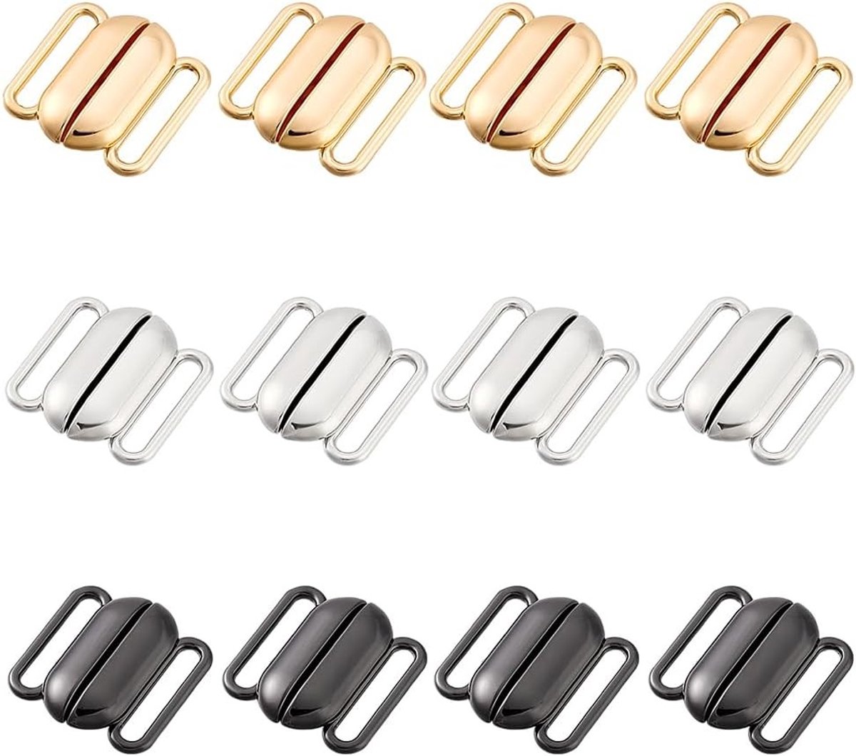 12 Sets 3 Kleurige Sluitingen en Koppelingen, 0.7 Inch Voorste Sluiting voor Bikini's en Lingerie, Ideaal voor Naaiwerk en Badmode, Gouden Tint