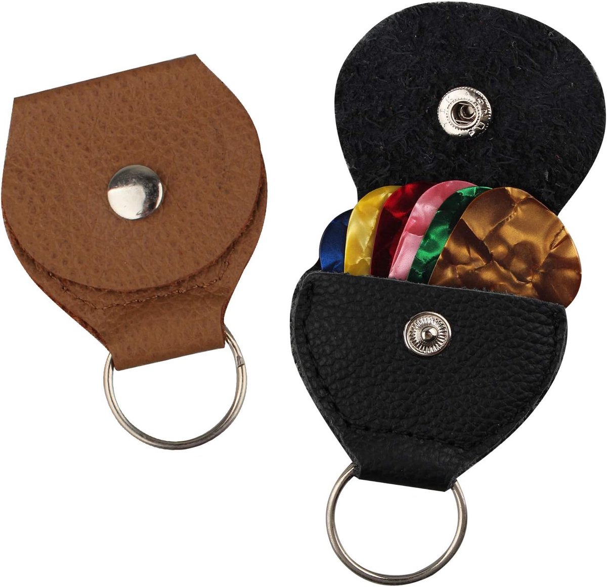 Thijox - 2 Stuks Lederen Plectrum Houder Sleutelhanger en 6 Stuks Dubbelzijdig Kleurrijke Celluloid Gitaar Plectrums 0.46mm voor Elektrische, Akoestis