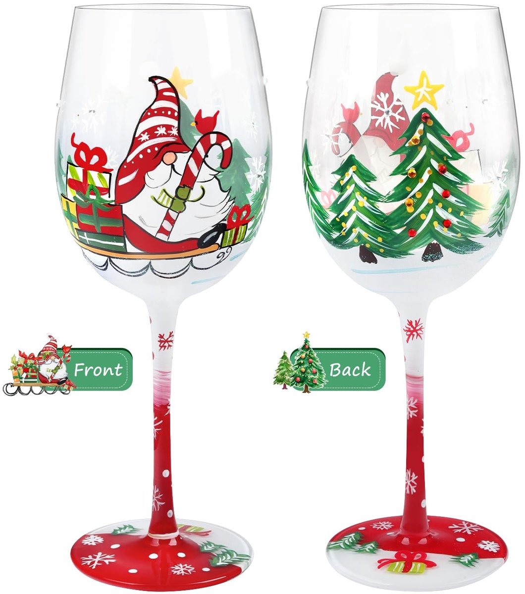 Dailygoods- Wijnglas Handgeschilderd - Kerstkabouters/kerstboom - Sneeuwvlok - 15oz - Exclusief Ontwerp - Hoogwaardige Kwaliteit - Kerstglas