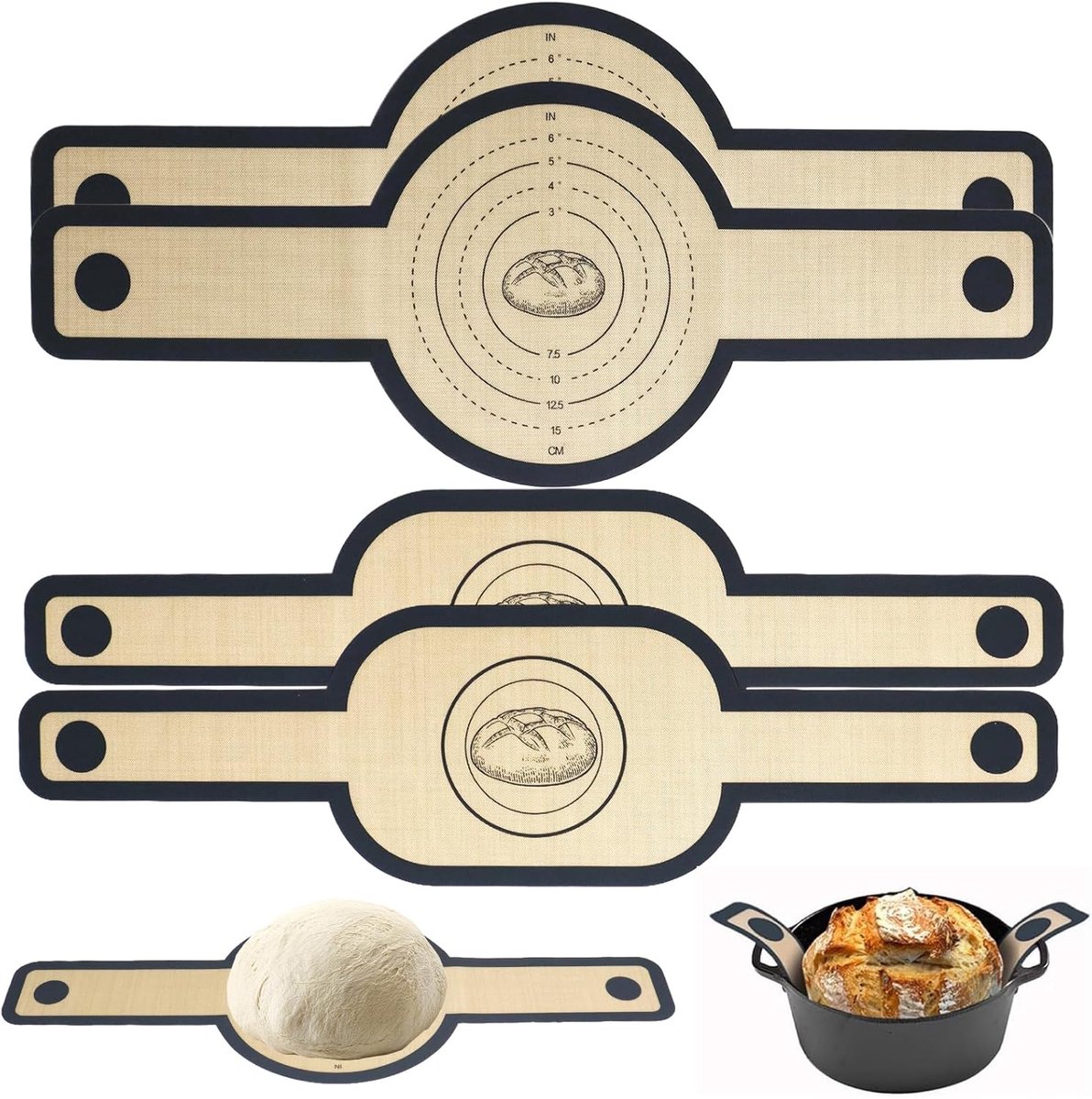 Thijox - 4 Stuks Siliconen Bakmat voor Dutch Oven - Herbruikbare Broodbakmat met Extra Lange Handgrepen - Antiaanbaklaag Hittebestendig voor Broodpot