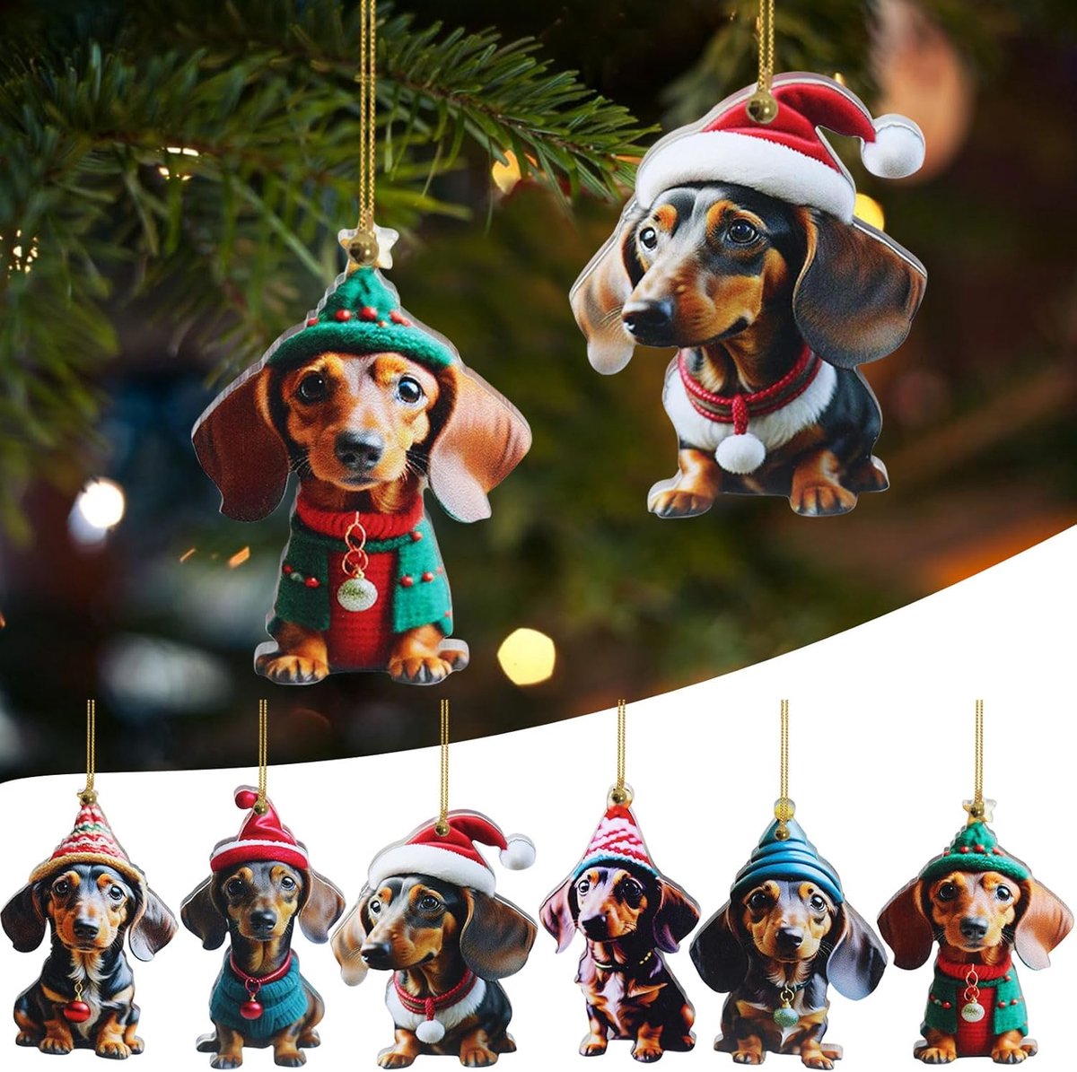 Thijox - 6 Stuks Teckel Kerstboomversiering, 2D Kerstballen, Feestelijke Acryl Hangers, Platte Teckel Dennenboomdecoratie voor Kerstmis, Unieke Kerstd