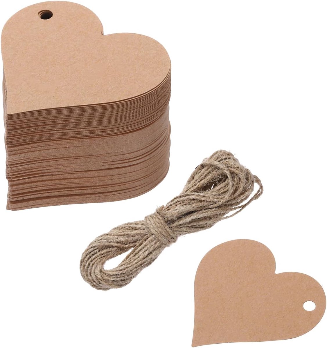 Thijox - 100 Stuks Cadeaulabels van Kraftpapier met Jute Koord - Etiketten, Geschenklabels, Hartjes voor Kerstmis, Feest, Verjaardag en Meer
