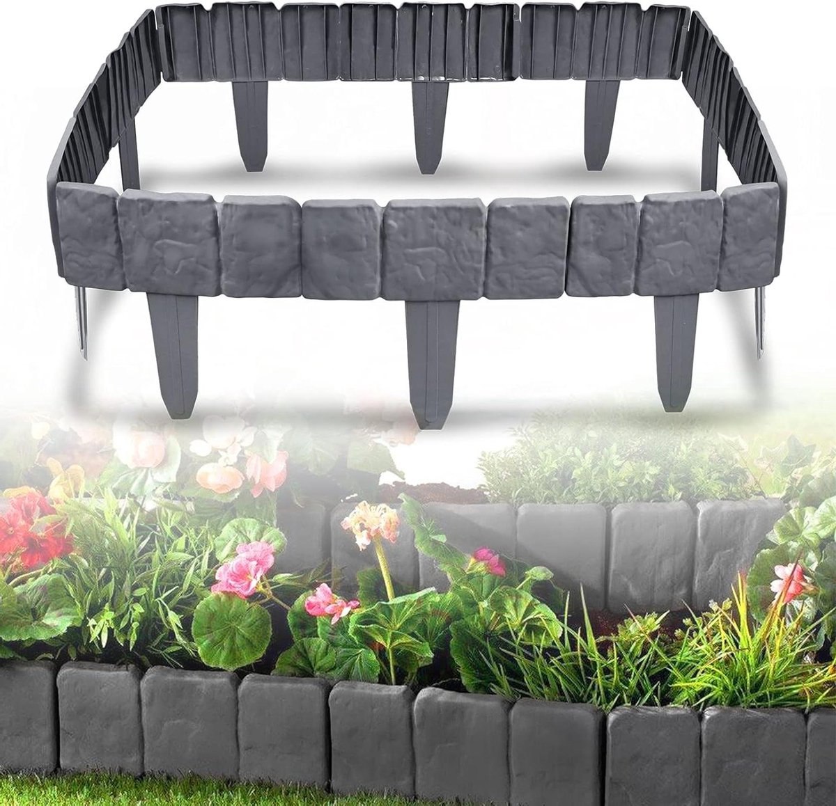 Gazonrand Steenlook - Kunststof Borderrand - Tuin Afscheiden - Flexibele Steenimitatie - 20 Stuks - Antraciet