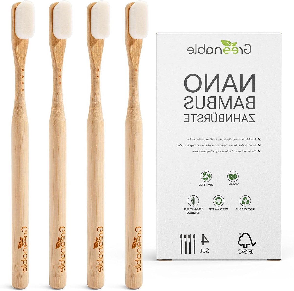 Nano Tandenborstel - Bamboe Borstel - Mondverzorging - 20.000 extra zachte haren - Set van 4 - Wit