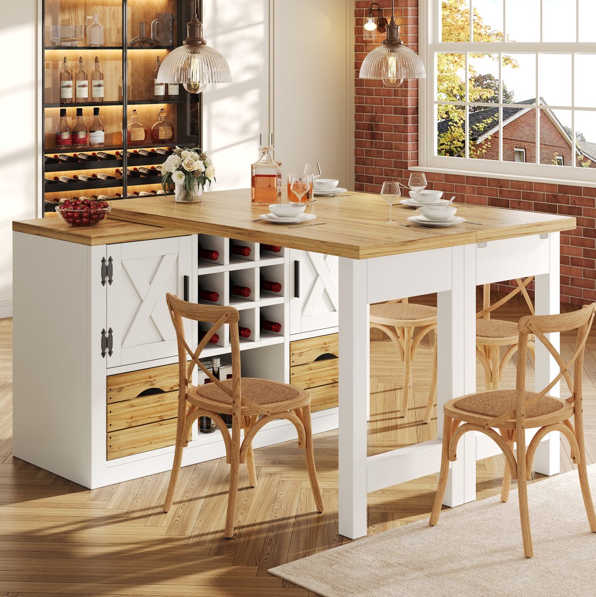 MIVRAY Eettafel - Uitschuifbare Tafel Met 360 Graden Draaibaar Blad En Sideboard - Moderne Opbergtafel - MDF - Wit - 120 Tot 197 Cm