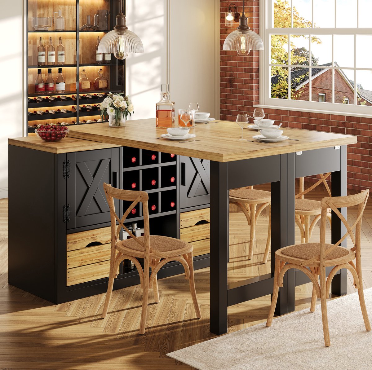 MIVRAY Eettafel - Uitschuifbaar Met 360 Graden Draaiblad En Opbergruimte - Voor Keuken En Eethoek - MDF - 120 Tot 197x40x72 Cm - Zwart