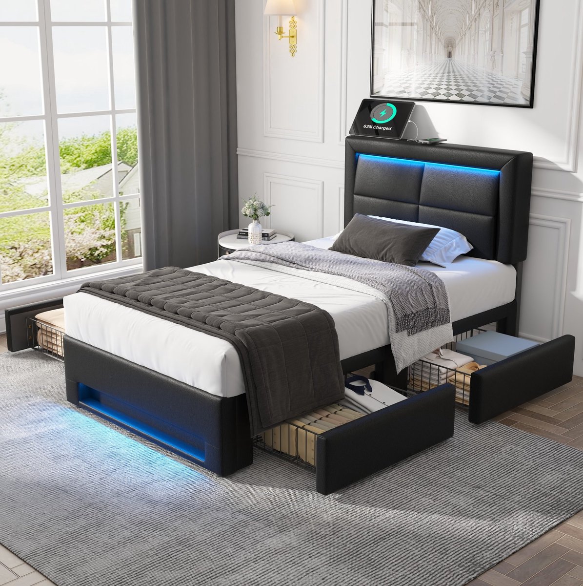 FloraGrace Gestoffeerd Bed 90x200 cm - USB Opladen en LED Verlichting - Met 4 Lades - Eenpersoonsbed - Kunstleer - Zwart - Zonder Matras