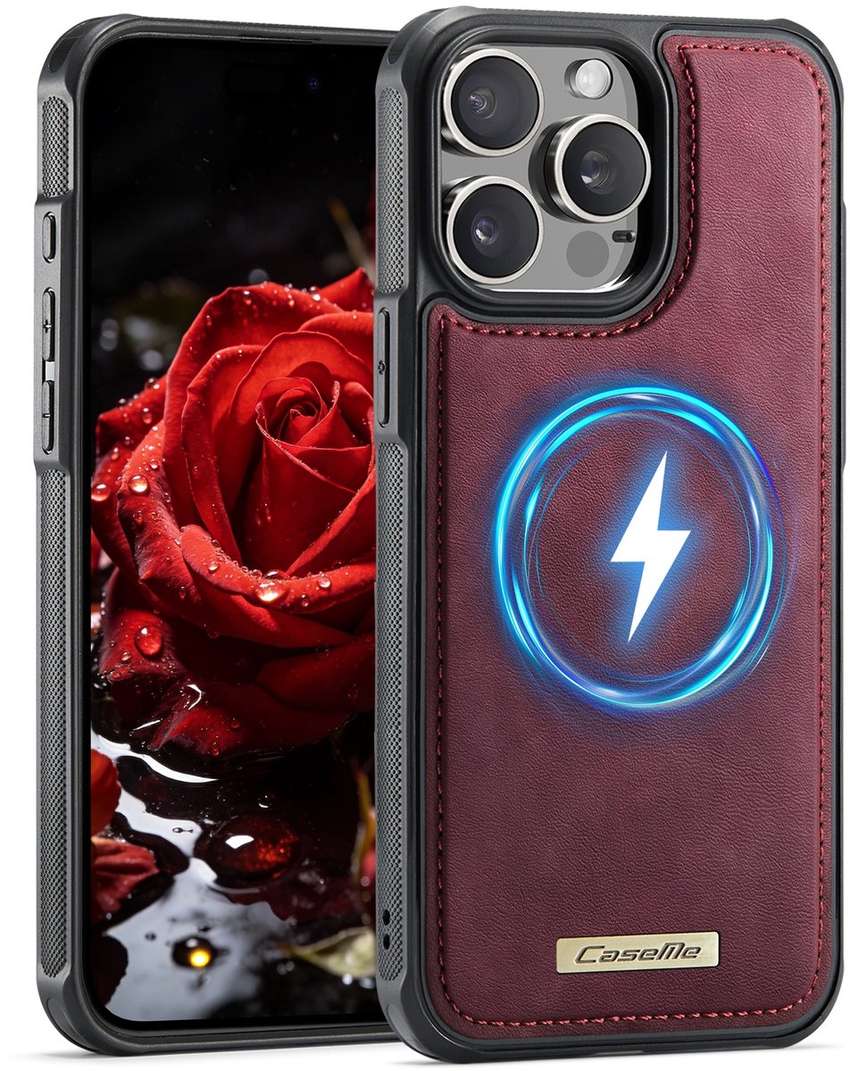 CaseMe Hoesje - Geschikt voor iPhone 15 Pro Hoesje - CaseMe C69 Leather Back Cover - MagSafe Compatible - Rood