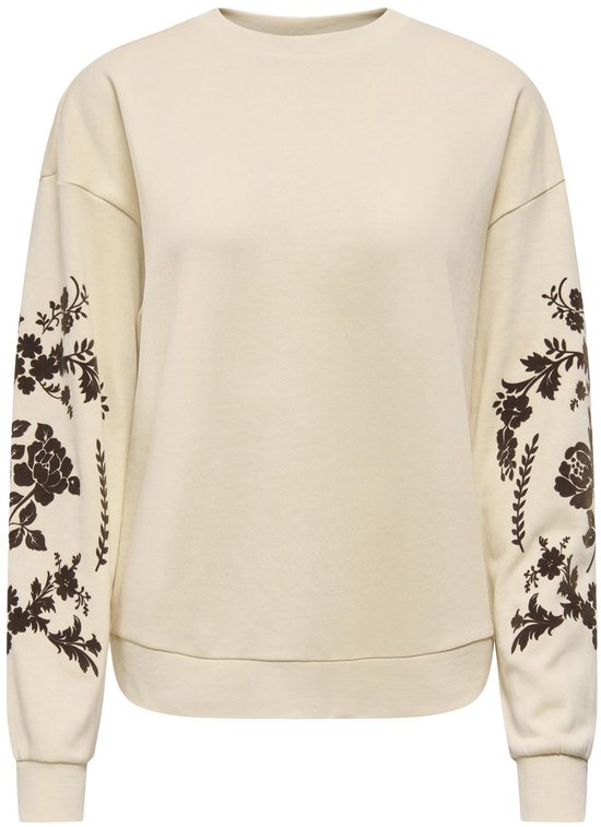Lichtgekleurde sweater met een bruine bloemenprint op de mouwen.