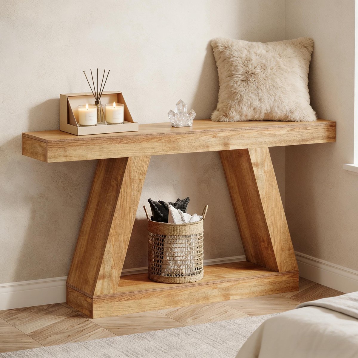 OKWISH Consoletafel - Met Opbergruimte - Voor Hal En Woonkamer - Rustieke Stijl - MDF Naturel - Lengte 140 cm Natuurlijk