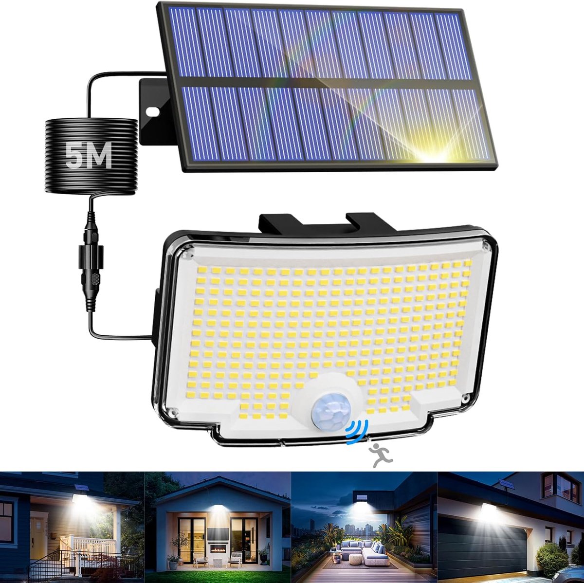 Thijox - Zonnelampen voor Buiten met Bewegingsmelder, 318 LED, 3 Modi, Zonne-energie Buitenlamp, IP65 Waterdicht, Groothoekverlichting voor Tuin, Muur