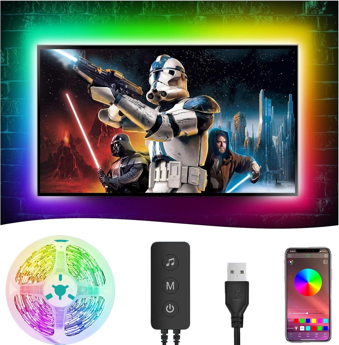 Thijox - 4m RGB Led-tv Achtergrondverlichting met App Bediening, Kleurveranderende USB Strip voor 40-70 Inch TV/PC, Flexibele Zelfklevende Lichtstrip