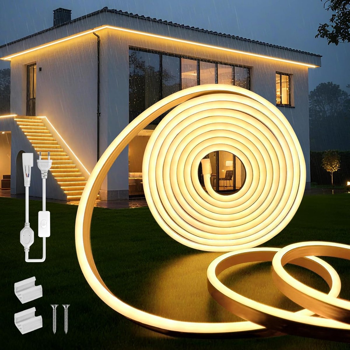 SnelShoppen - Neon LED Strip 5m Warm Wit 3000K Waterdichte LED Verlichting voor Buiten - 120 LED/M Flexibele DIY Strip Licht voor Feest, Tuin, Keuken
