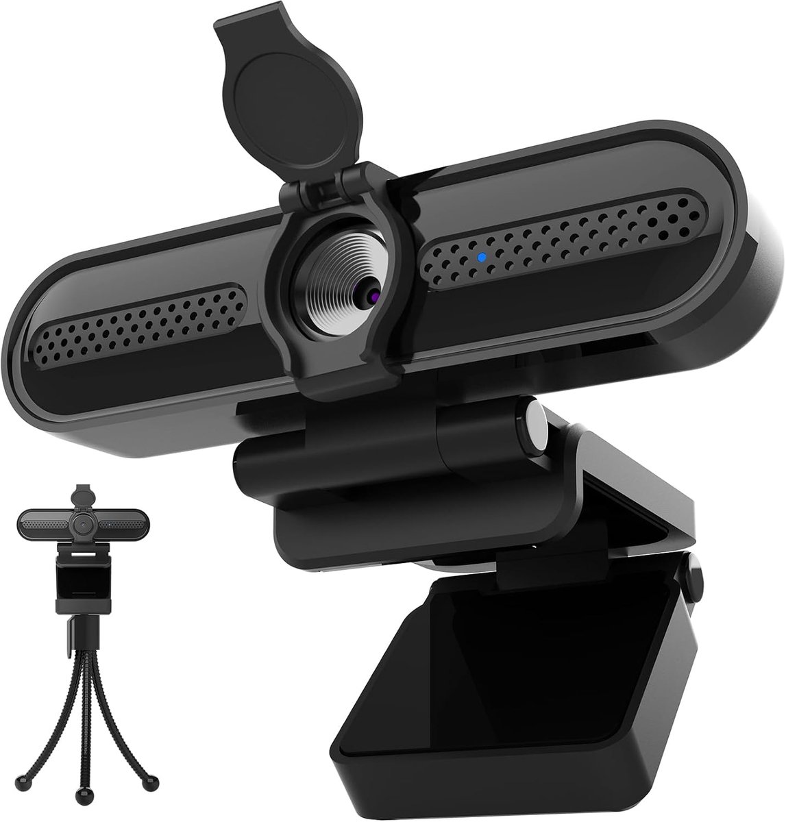 Thijox - 2K Webcam met Microfoon en Groothoek, Vaste Focus, Plug&Play, Statief en Cover voor Videoconferenties, Compatibel met Zoom/Skype/Teams/Mac/Ch